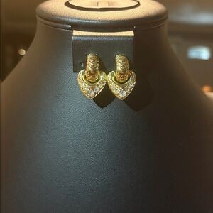 Vintage Joan Rivers Crystal Gold Tone Clip On Earrings, Reversible Heart.